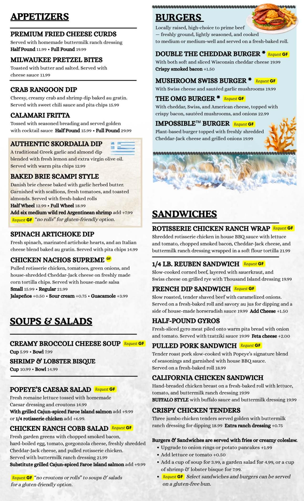 Appetizers, Soup & Salad, Burgers & Sandwiches menu
